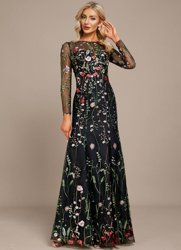 Robe Manche Longue Florale Noire - gallery 3