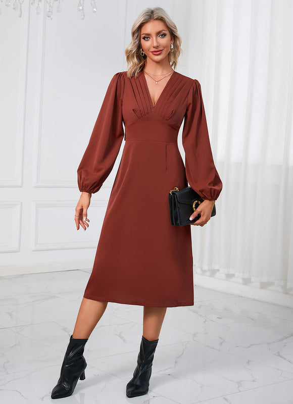 Robe Manche Longue Midi Bordeaux Satinée - gallery 4