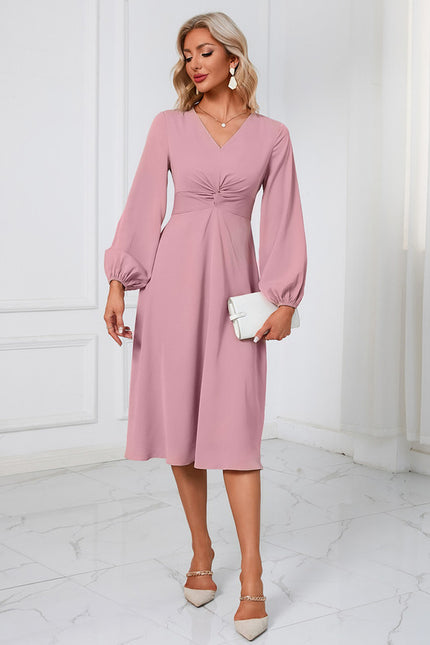 Robe Manche Longue Midi Rose Fluide - gallery 5