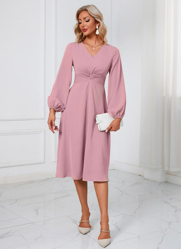 Robe Manche Longue Midi Rose Fluide - gallery 5