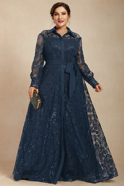 Robe Manche Longue En Dentelle Marine - gallery 7