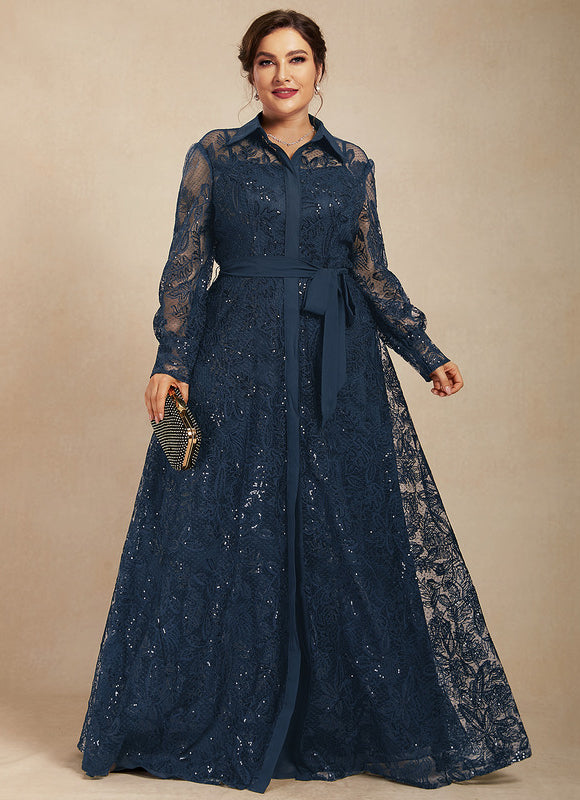 Robe Manche Longue En Dentelle Marine - gallery 7