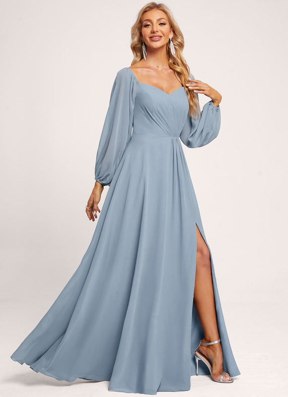 Robe Manche Longue Longue Bleu Satin - gallery 4