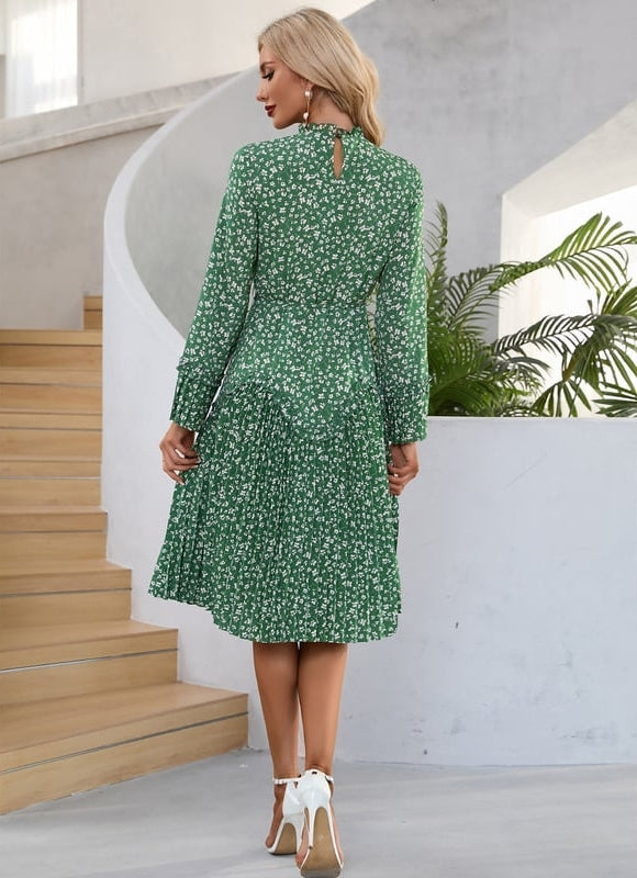 Robe Manche Longue Midi Verte Fleuri - gallery 2