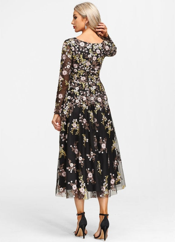 Robe Manche Longue Florale Noire Vaporeuse - gallery 5