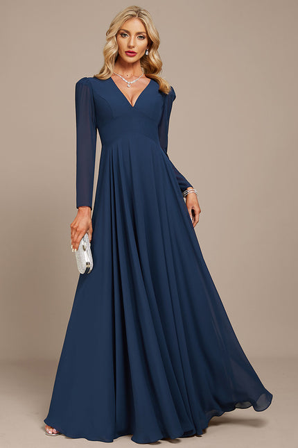 Robe Manche Longue Mousseline Marine - gallery 2