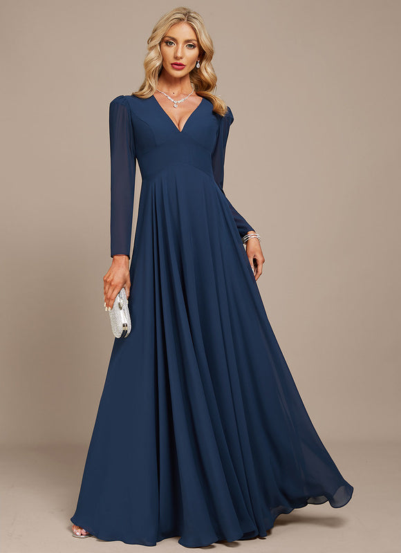 Robe Manche Longue Mousseline Marine - gallery 2