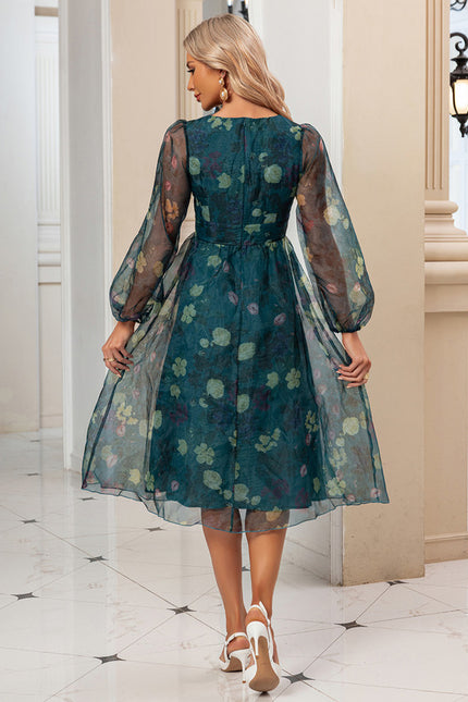 Robe Manche Longue Organza Fleurie Col V - gallery 5