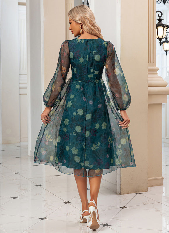 Robe Manche Longue Organza Fleurie Col V - gallery 5