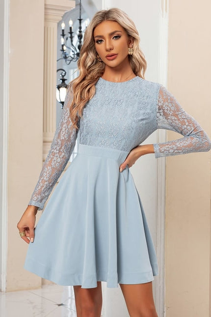 Robe Manche Longue Bleue Dentelle Évasée - gallery 4