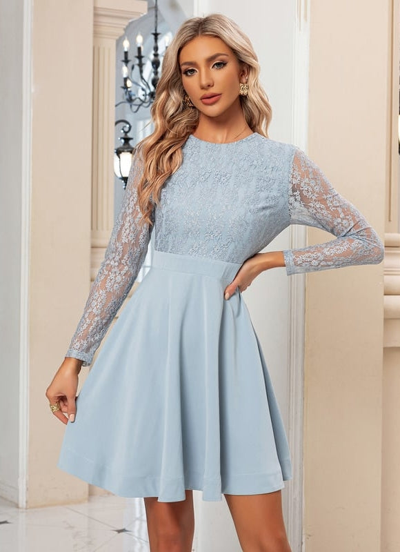Robe Manche Longue Bleue Dentelle Évasée - gallery 4