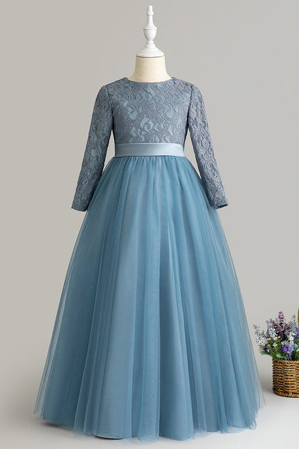Robe Manche Longue Tulle Bleu Satin - gallery 2