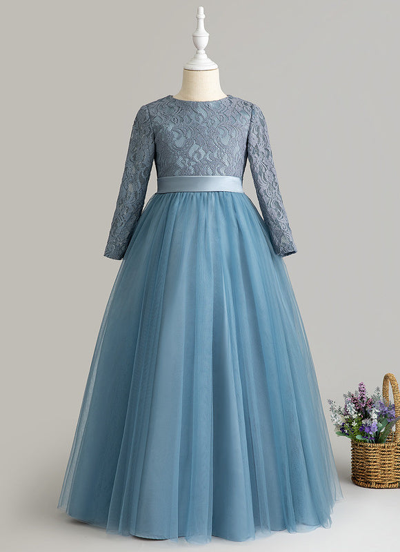 Robe Manche Longue Tulle Bleu Satin - gallery 2