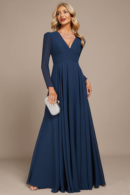 Robe Manche Longue Mousseline Marine - gallery 1