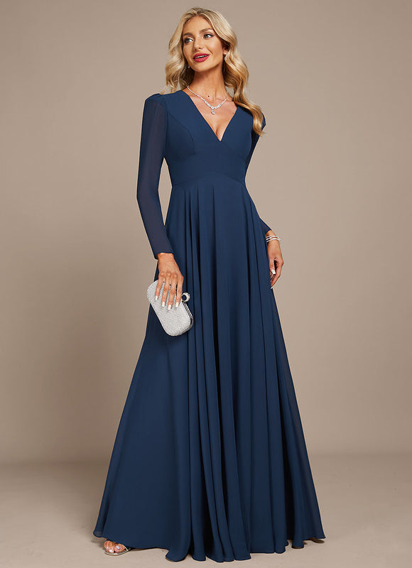 Robe Manche Longue Mousseline Marine - gallery 1