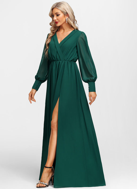 Robe Manche Longue Évasée Vert Émeraude - gallery 4