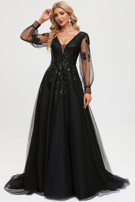 Robe Manche Longue De Bal Noire Élégante