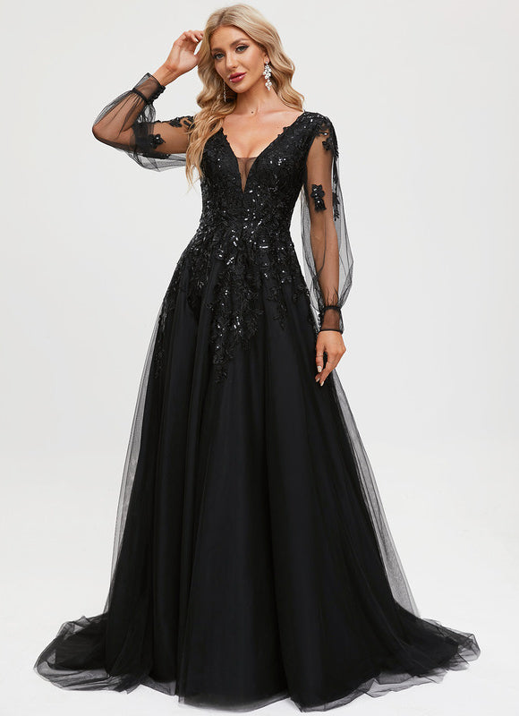 Robe Manche Longue De Bal Noire Élégante