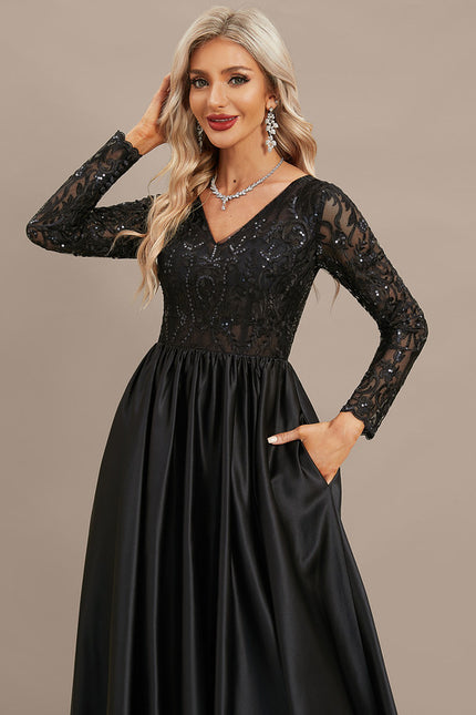 Robe Satin Noir Manche Longue - gallery 1