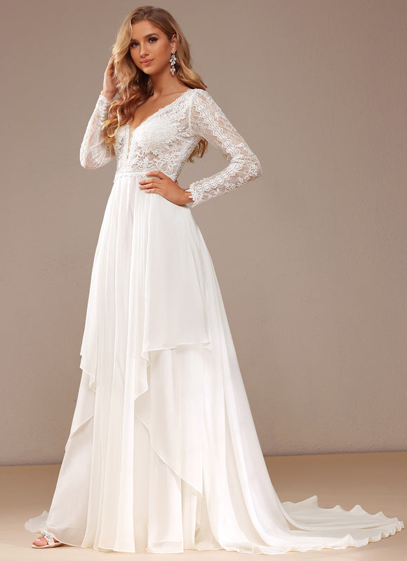 Robe Manche Longue Traîne Vaporeuse