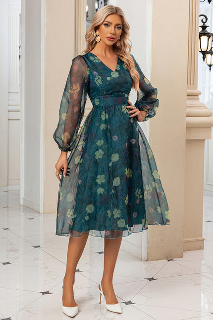 Robe Manche Longue Organza Fleurie Col V