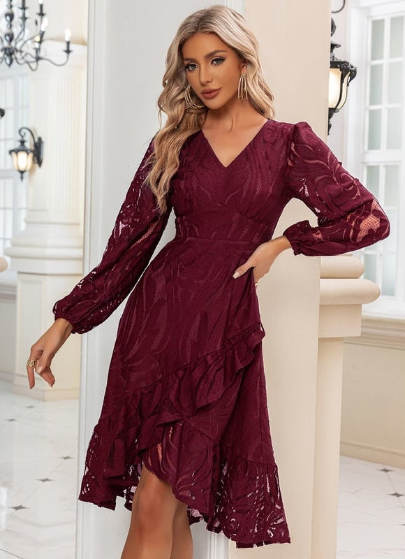 Robe Manche Longue Midi Dentelle Marine - gallery 6
