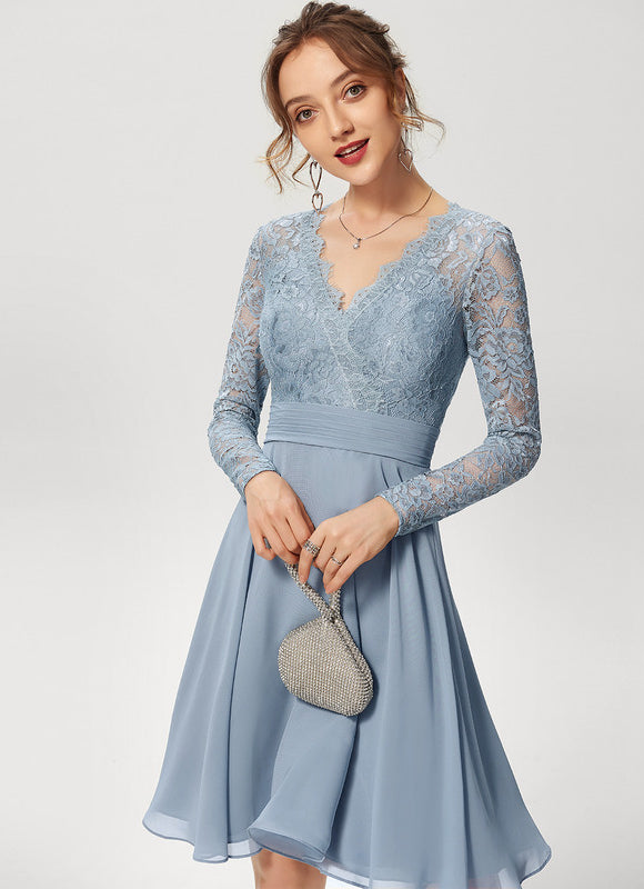 Robe Manche Longue Dentelle Bleu Clair - gallery 1