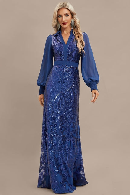 Robe Manche Longue Bleu Scintillante - gallery 2