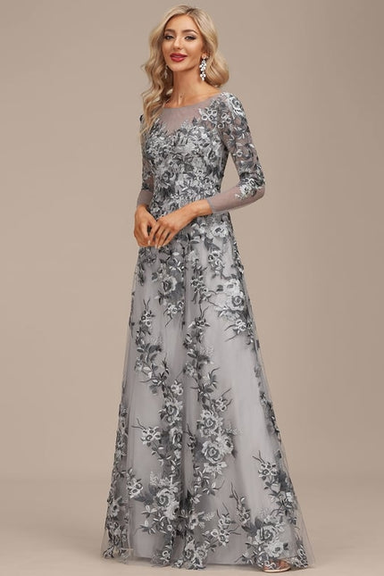 Robe Manche Longue Grise Florale - gallery 2