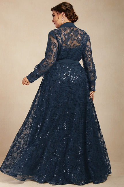 Robe Manche Longue En Dentelle Marine - gallery 9