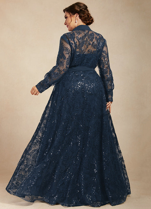 Robe Manche Longue En Dentelle Marine - gallery 9