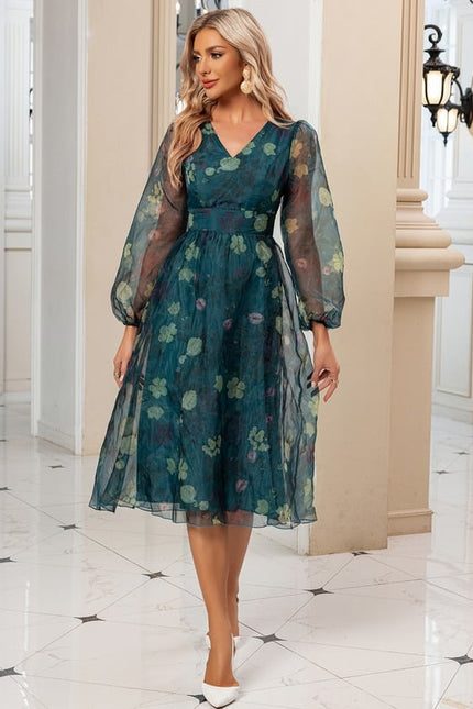 Robe Manche Longue Organza Fleurie Col V - gallery 3