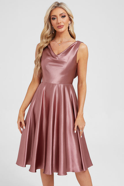 Robe Manche Longue Satin Rose Clair - gallery 4