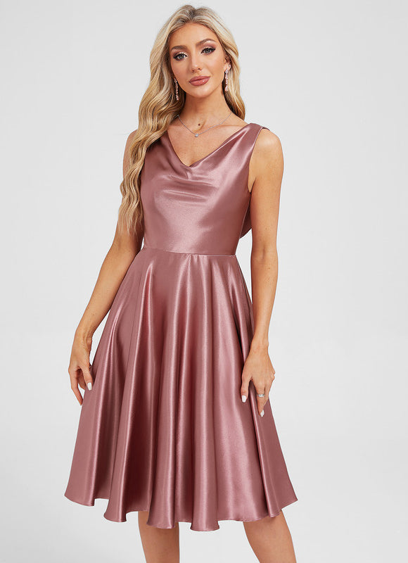 Robe Manche Longue Satin Rose Clair - gallery 4