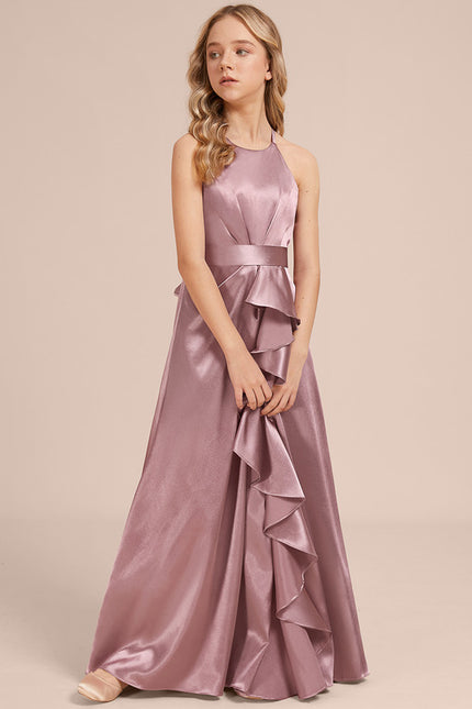 Robe Manche Longue Satin Mauve Volants - gallery 3