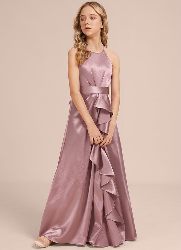 Robe Manche Longue Satin Mauve Volants - gallery 3