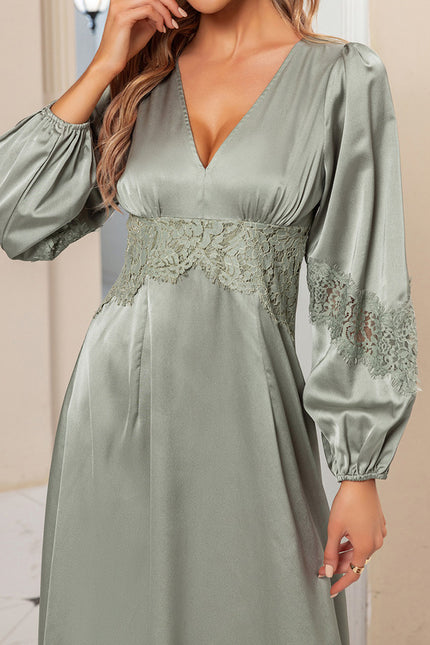 Robe Satin Verte Manche Longue - gallery 4