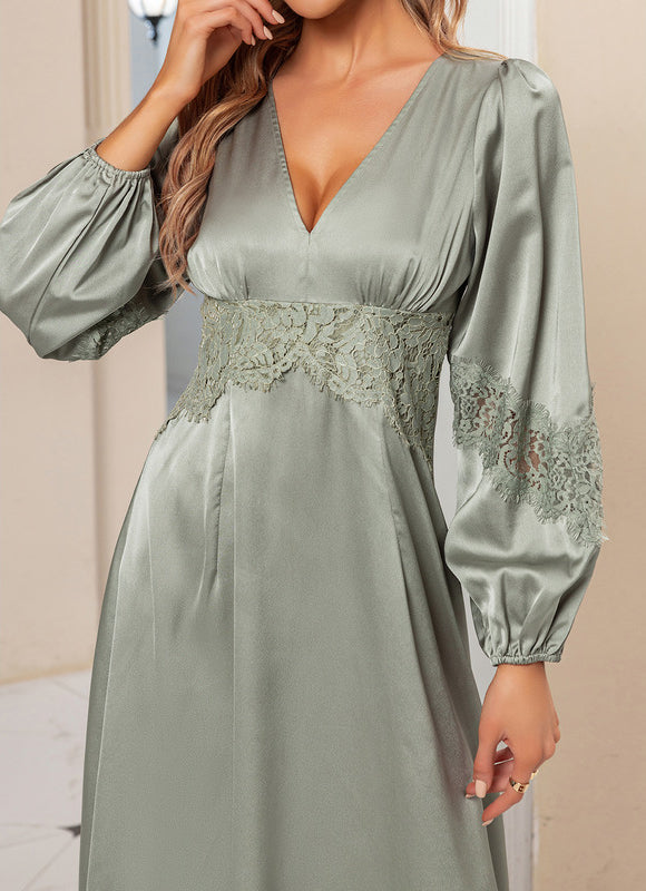 Robe Satin Verte Manche Longue - gallery 4