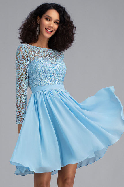 Robe Manche Longue Bleu Ciel Dentelle - gallery 1