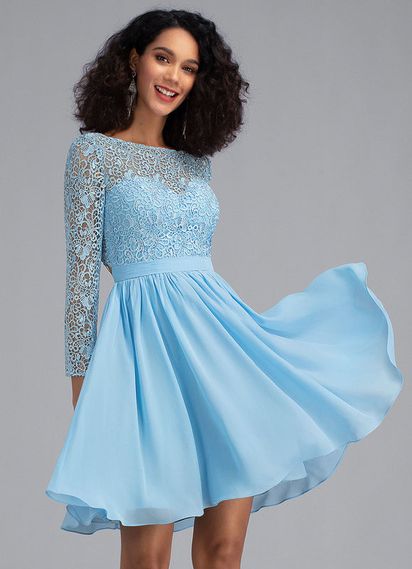 Robe Manche Longue Bleu Ciel Dentelle - gallery 1