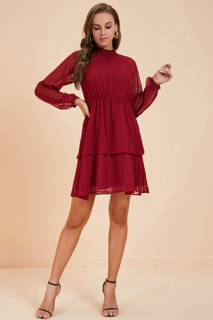 Robe Manche Longue Courte Volants Bordeaux - gallery 3
