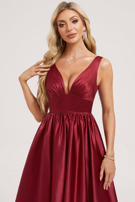 Robe Manche Longue Satin Bordeaux Fendue - gallery 3
