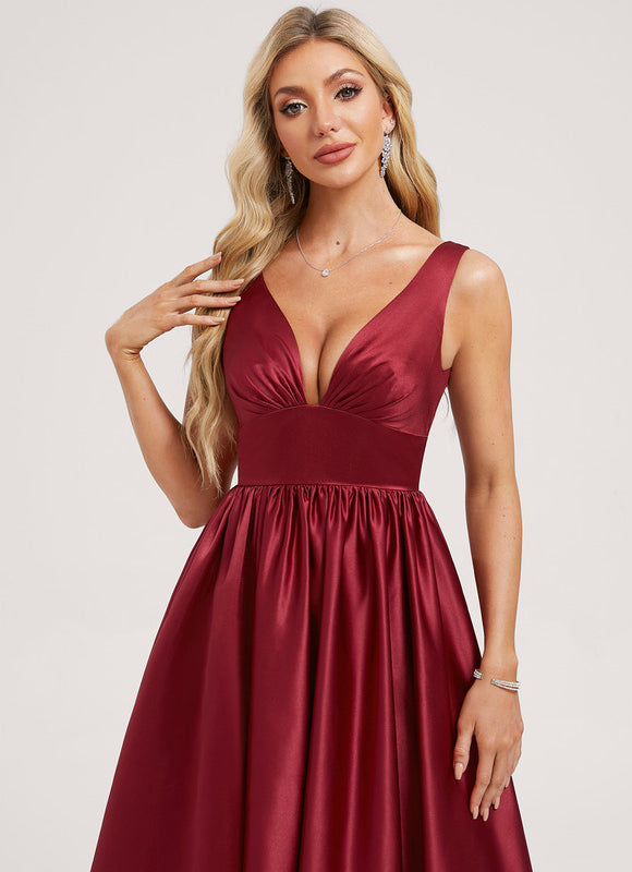 Robe Manche Longue Satin Bordeaux Fendue - gallery 3