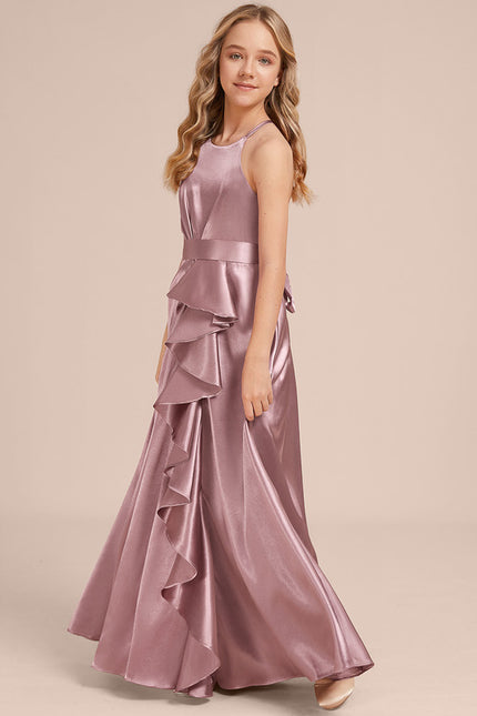 Robe Manche Longue Satin Mauve Volants - gallery 1