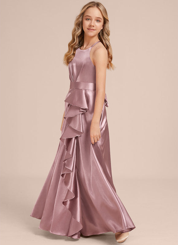 Robe Manche Longue Satin Mauve Volants - gallery 1