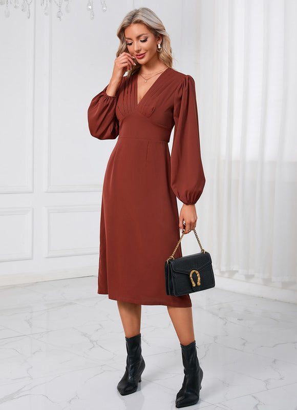 Robe Manche Longue Midi Bordeaux Satinée - gallery 5