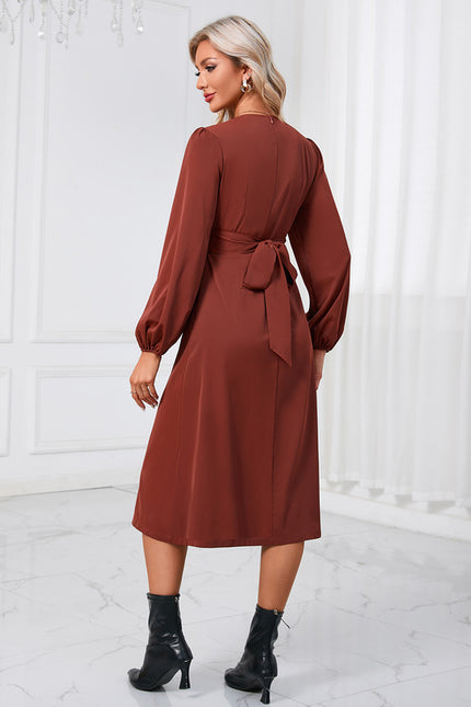 Robe Manche Longue Midi Bordeaux Satinée - gallery 1