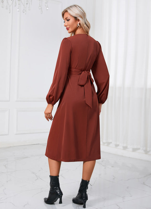 Robe Manche Longue Midi Bordeaux Satinée - gallery 1