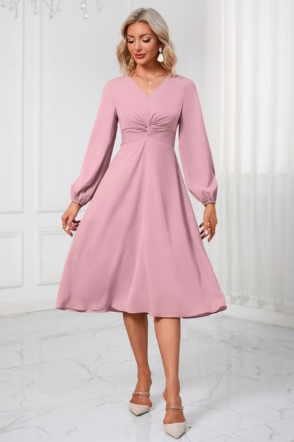 Robe Manche Longue Midi Rose Fluide