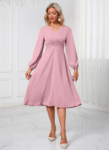Robe Manche Longue Midi Rose Fluide